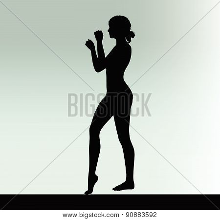 Woman Silhouette With Hand Gesture Power And Might