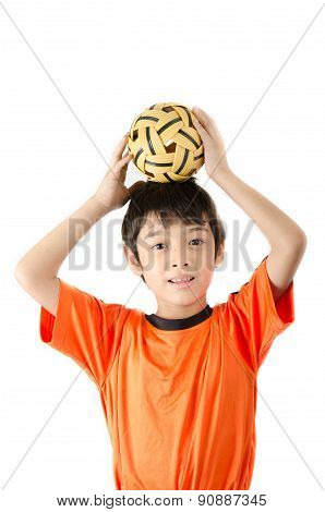 Little Boy Taking Sepak Takraw On White Background