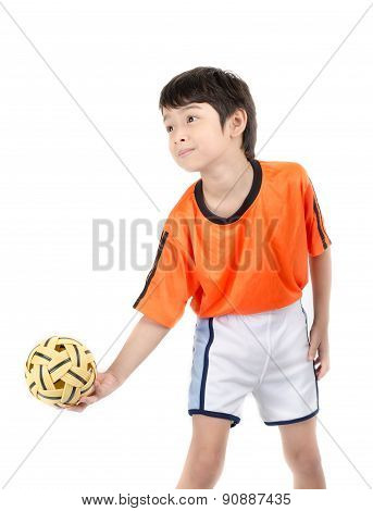 Little Boy Taking Sepak Takraw On White Background