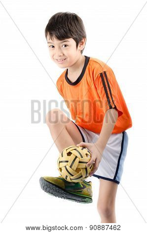 Little Boy Taking Sepak Takraw On White Background