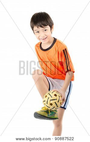Little Boy Taking Sepak Takraw On White Background