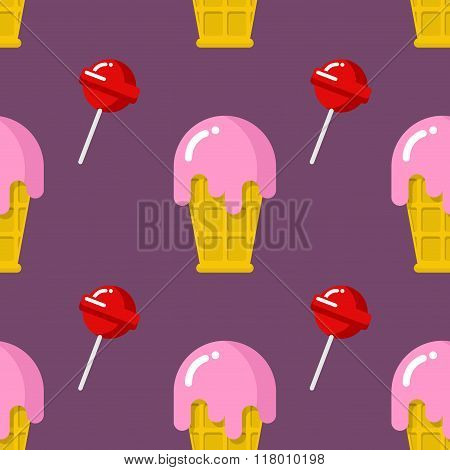 Ice Cream And Candy Seamless Pattern. Sweet Background Of Sweets And Desserts. Cute Ornament For Kid