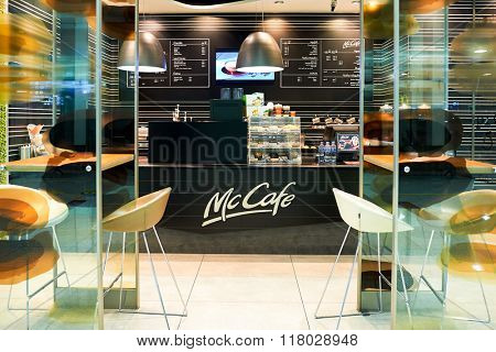 DUBAI, UAE - SEPTEMBER 08, 2015: McCafe in Dubai Airport. There are a lot of restaurants, bars, cafes and shops in Dubai International Airport. Almost all of them are open twenty-four hours.