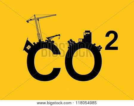 co2 pollution illustrated in text with city polluction sillhouette