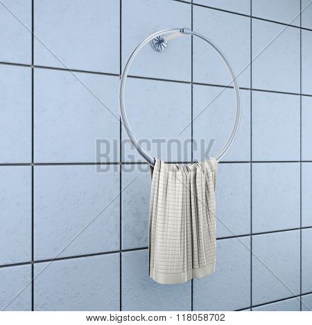 Towel Hanger On The Blue Tile. 3D Rendering