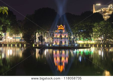 Turtle Tower in the spotlight. Night in Hanoi, Vietnam