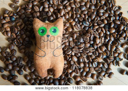 cute bear sitting at the middle of coffee beans. Brown freshness hope wish valentine's gift food and beverage aroma happy idea background template