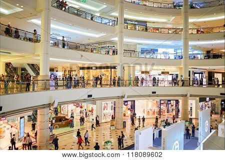 KUALA LUMPUR, MALAYSIA - APRIL 23, 2014: Suria KLCC shopping mall in Petronas Twin Towers. Suria KLCC is one of the largest shopping malls in Malaysia