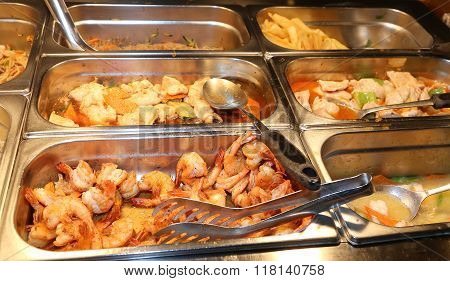 Many Tray With Deep Fried Foods And Fried Shrimp In The Chinese Restaurant Take-away