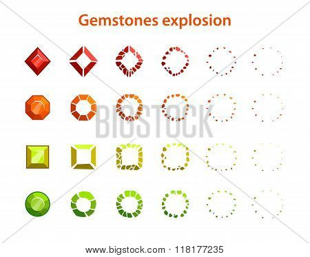 Cartoon colorful gemstones explosion frames