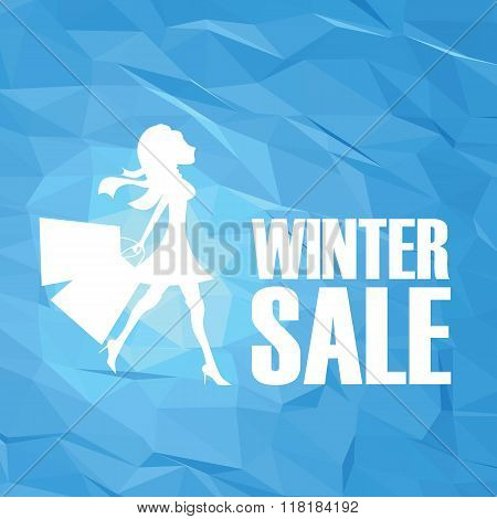 Winter sale poster template on modern blue white low poly vector background. Sexy fashion model woma