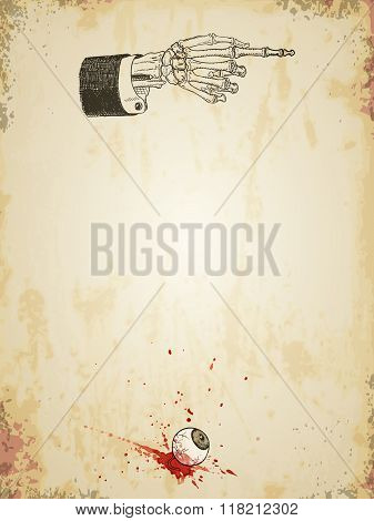 Halloween Grungy Poster Template With Skeleton Hand And Bloody Eyeball, Vintage Styled.