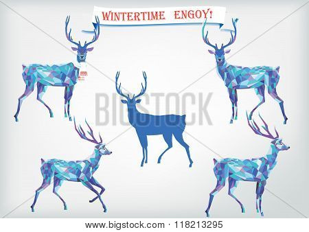 Christmas blue set for design. Mosaic deer banner 