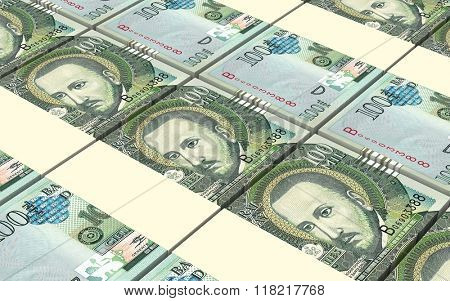 Paraguyan guarani bills stacks background. Computer generated 3D photo rendering.