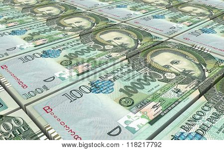 Paraguyan guarani bills stacks background. Computer generated 3D photo rendering.