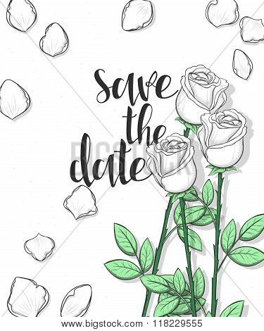 Design wedding postcard with roses petals and calligraphy congratulation