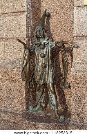 Kiev, Ukraine - OBronze statue of character from fairy tale pierrot near the Academic Puppet Theater