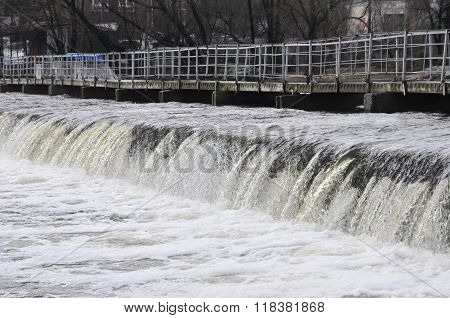 Waterfall on the river. Groyne hydraulic structure of on the river Ros. City of Bila Tserkva.