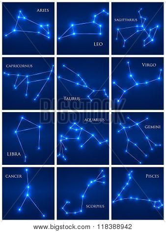 Set of zodiac constellations. Horoscope set: Aries Leo Sagitarius Capricorn Taurus Virgo Libra Aquar