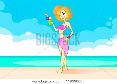 Sun Summer Girl Fire Head On Beach With Cocktail Cartoon Character