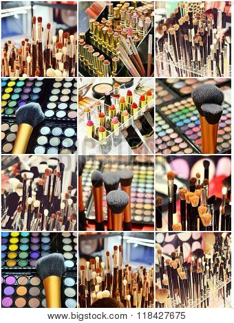 Collage of different cosmetic brushes for makeup and set of colorful lipsticks with other cosmetics