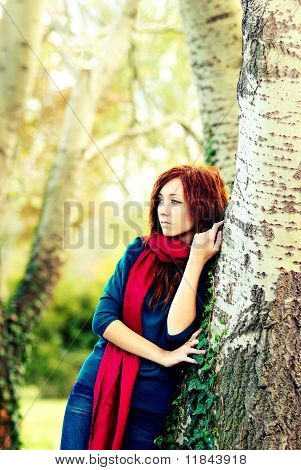 Foresta di autunno con donna