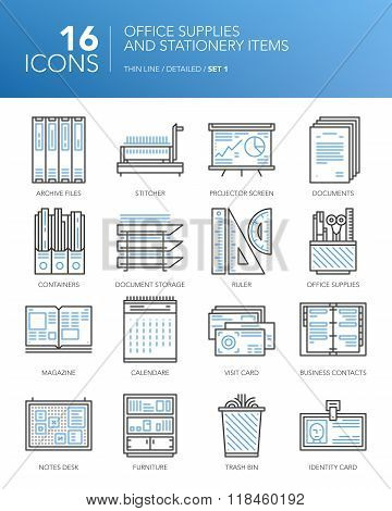 Detailed thin line icons - Office supplies and stationery items