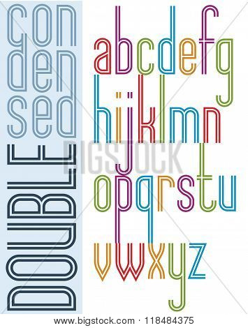 Poster Condensed Bright Font With Double Stripes, Compact Cartoon Lowercase Letters On White Backgro