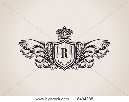 Vintage Decorative Elements Flourishes Calligraphic Ornament. Letter R. Elegant emblem template monogram luxury frame. Royal line logo. Vector sign for restaurant, boutique, heraldic, cafe, hotel
