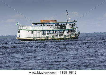 Manaus, Brazil, October 17: Typical Wooden Boats Sailing On Rio Negro In Manaus, Amazonas State. Bra