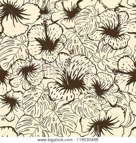 Illustration Of Floral Seamless. Isolated Tropical Flowers And Leaves On Background.