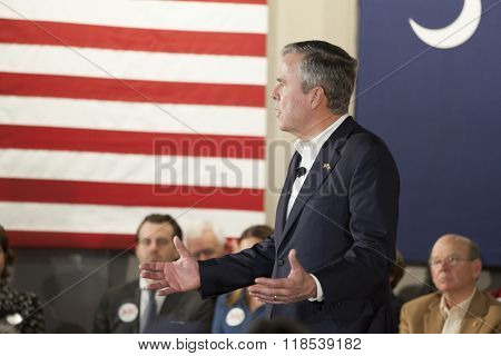 BEAUFORT, SOUTH CAROLINA-FEBRUARY 17, 2016: Presidential hopeful Jeb Bush speaks at a town hall meeting in Beaufort, South Carolina before the presidential primary