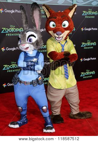 Characters Nick Wilde and Judy Hopps at the Los Angeles premiere of 'Zootopia' held at the El Capitan Theater in Hollywood, USA on Febraury 17, 2016.