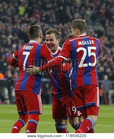 MUNICH, GERMANY - MARCH 11 2015: Bayern Munich's midfielder Franck Ribery celebrates scoring a goal during the UEFA Champions League match between Bayern Munich and FC Shakhtar Donetsk. 