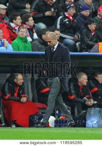 MUNICH, GERMANY - MARCH 11 2015: Bayern Munich's manager Josep Guardiola during the UEFA Champions League match between Bayern Munich and FC Shakhtar Donetsk. 