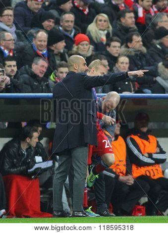 MUNICH, GERMANY - MARCH 11 2015: Bayern Munich's manager Josep Guardiola during the UEFA Champions League match between Bayern Munich and FC Shakhtar Donetsk. 