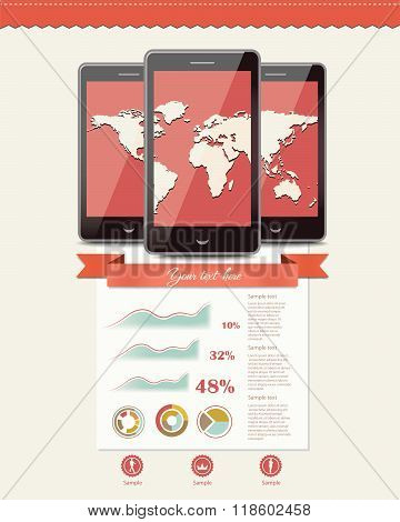 Three mobile phones with world map.Info graphic elements