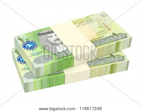 Bahraini dinar bills isolated on white background. Computer generated 3D photo rendering.