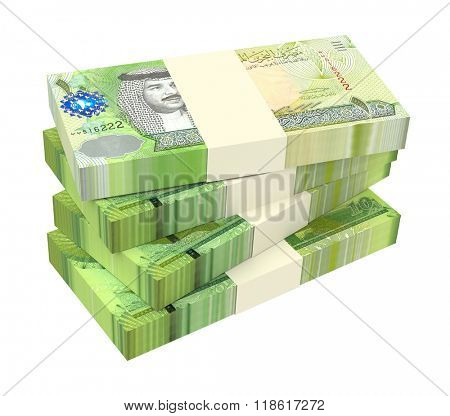Bahraini dinar bills isolated on white background. Computer generated 3D photo rendering.
