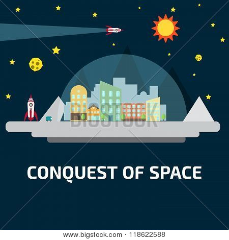 Conquest of space of the Moon. Future human colony. Space elements.