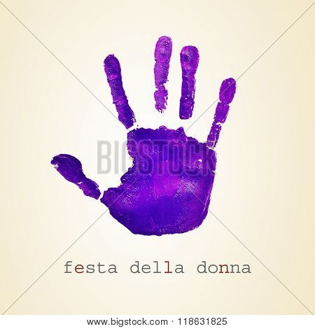 a violet handprint and the text festa della donna, womens day in italian, on a beige background