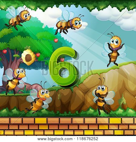 Number six with 6 bees flying in the garden illustration