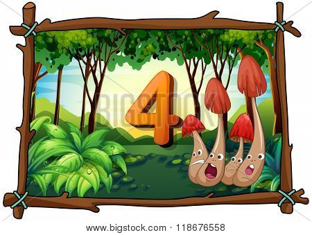 Number four with 4 mushrooms in the forest illustration