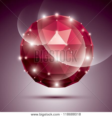 Abstract 3D Ruby Gala Sphere With Gemstone Effect, Red Glossy Orb Created From Triangles, Eps10.