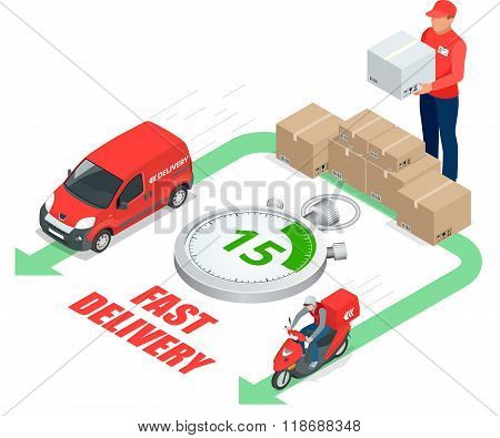 Isometric delivery service concept. Fast delivery car, fast delivery motobike, delivery man, stopwat