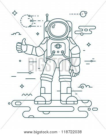 Astronaut landing on the planet thin outline vector illustration. Astronaut in outer space concept