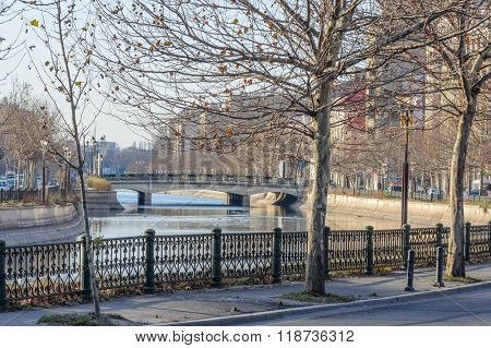 Bucharest, Romania - January 10: Dambovita River On January 10, 2016 In Bucharest. Winter Cityscape