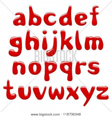 Red glossy alphabet small letters isolated on white background. Vector illustration