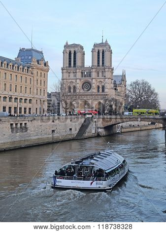 Paris, France, February 9, 2016: the boat on a river Sena in Paris, France