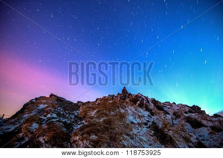 Star Trails Over The Winter Mountains Landscape.deogyusan Mountains In Korea.